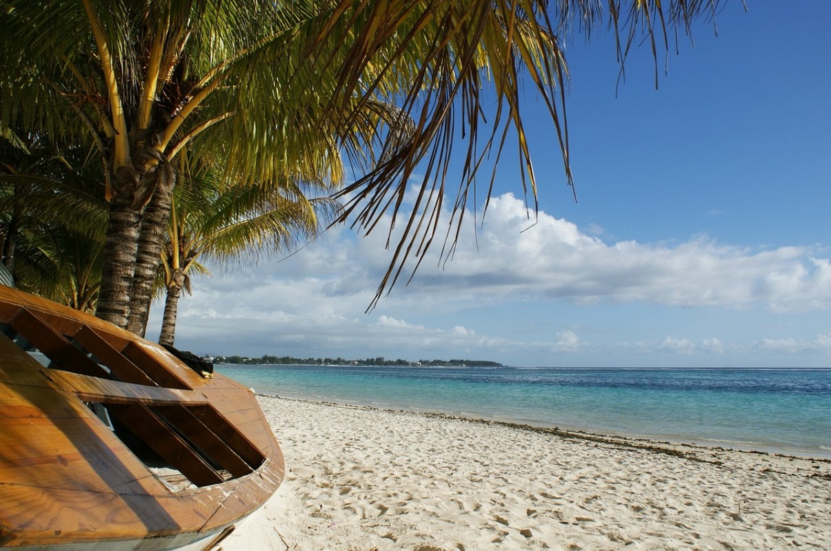 Mauritius beach with palm trees and a boat