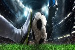 Two soccer players chase the ball at the stadium banner iStock 1333047761