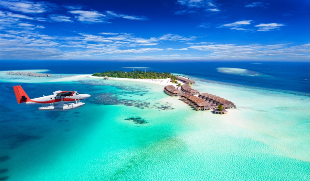 Plane flying in Maldives